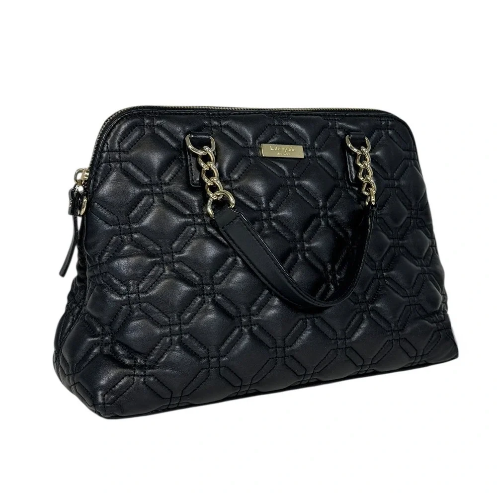 Kate‎ Spade Women's Black Quilted Leather Dome Satchel Handbag Gold Chain Detail